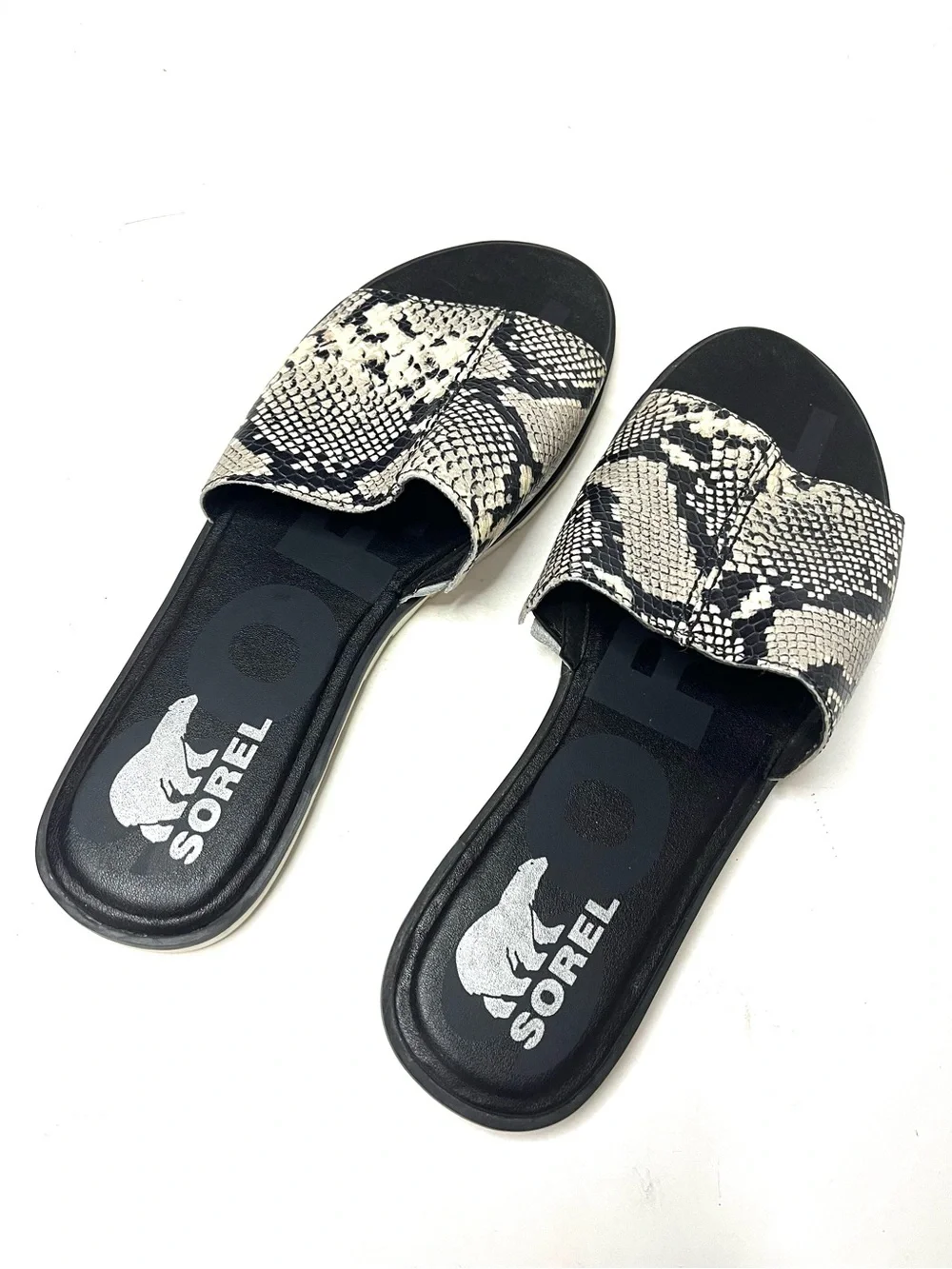 Sorel Ella II Block Slide in Black/Ivory Snake Print Leather - Size 10